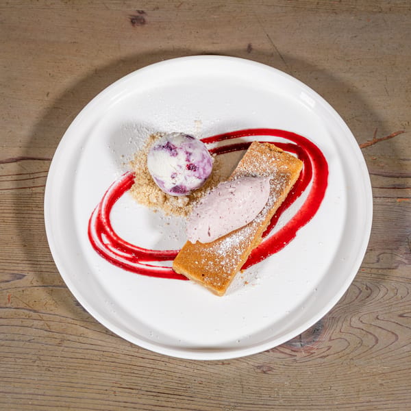 Dessert plate with a rectangular cake, two scoops of ice cream, and raspberry sauce on a white plate.
