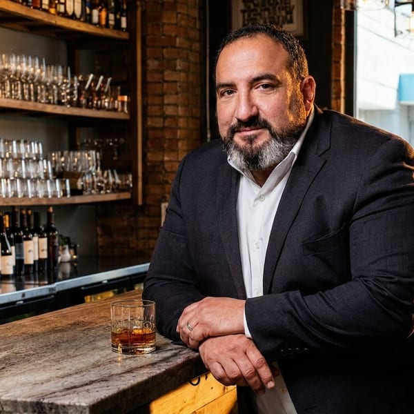 Man with a beard in a suit leans on a bar with a drink, bottles and glasses behind him.
