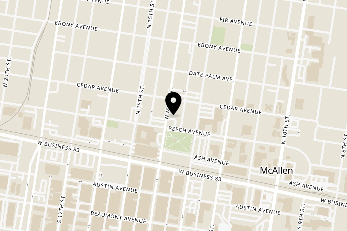 Map showing the location of SALT - New American Table on 210 N Main St in McAllen